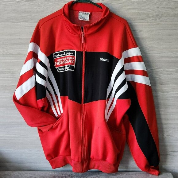 Adidas Trefoil Jacket XL Full Zip Track Logo 3 Stripe Red Engineer Name Vintage - Picture 1 of 16